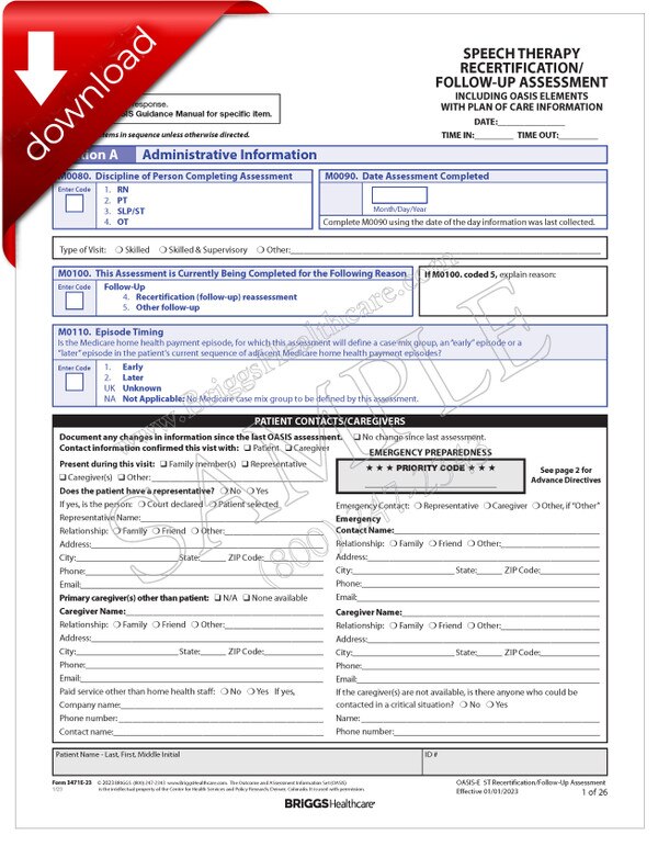 OASIS-E: Speech Therapy Recertification/Follow-Up Assessment - DIGITAL FORM